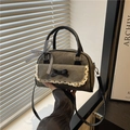 Retro denim pillow handbag with lace trim and black bow accent for a chic aesthetic - Black