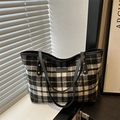 Classic checkered plaid tote bag with black leather straps and retro Maillard style - Large Black Plaid