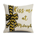 Close-up of beige linen pillow cover featuring gold Kiss me at Midnight text and black bow - Cream Kiss Me at Midnight Bow Style (YMX13-2)