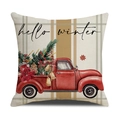 Détail de housse de coussin avec camion rouge rétro, sapin de Noël et texte hello winter - 45x45 cm / Camion Rouge Vintage Hello Winter (23YM138-3)