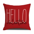 Detail of red Valentine cushion cover with HELLO text and fabric texture view - Red Hello Valentine (YMV22-7)
