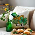 Linen St. Patrick's Day pillow cover with lucky lettering and green hat print - Beige Lucky Hat Style (YMP5-1)