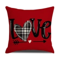 Federa per cuscino rossa in lino con scritta LOVE e cuore a scacchi per San Valentino - 45x45cm / Stampa Testo d'Arte LOVE e Cuore Scozzese (YMV24-4)