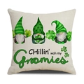 Detail of St. Patrick's Day linen pillowcase with three gnomes and lucky clover print - Gnome Pattern (YMP7-1)