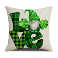 Detail of St. Patrick's Day pillowcase with LOVE text and gnome on cotton linen fabric - Plaid LOVE Pattern (YMP7-4)