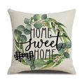 Dettaglio della federa in lino con ghirlanda verde e stampa HOME sweet HOME decorativa - Ghirlanda di Eucalyptus con Citazione (YMS8-1) / 45x45cm Fodera per Cuscino