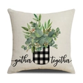 Federa per cuscino in lino con stampa eucalipto e scritta gather together - Eucalyptus in Vaso a Quadri con Citazione (YMS8-2) / 45x45cm Fodera per Cuscino
