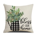 Dettaglio della federa in lino con stampa di eucalipto e scritta bless OUR home - Bollitore a Quadri Eucalyptus con Citazione (YMS8-3) / 45x45cm Fodera per Cuscino