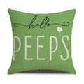 Detail of green Easter linen pillowcase featuring hello PEEPS text and floral pattern - 45cmx45cm / Green Hello Peeps Style (YME2-3)