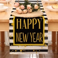 Close-up of Happy New Year table runner with black stripes and gold sequin lettering - Black and White Stripe New Year Sequin Style (24ZQ12-7)