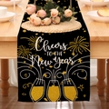 Detail of linen Happy New Year table runner with gold fireworks and Cheers typography - Black Art Word New Year Fireworks Style (24ZQ12-6)