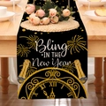 Detail of Happy New Year table runner featuring black linen and gold clock printing - Black New Year Countdown Clock Style (24ZQ12-5)