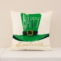 Linen St. Patrick's Day pillow cover featuring a green Irish hat and festive gold script - Beige Festive Hat (ST018-4)