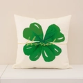 Linen St. Patrick's Day pillow cover with green clover and golden blessed text - Beige Blessed Clover (ST018-1)