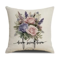 Deko-Kissenbezug aus Leinen mit Blumenmuster und Spruch auf weißem Hintergrund - Beige Floral Home Sweet Home Stil (YMS15-2)