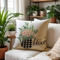 Leinen Kissenhülle mit Blumenmuster und Karomuster Kanne auf weißem Sofa - Einseitiger Druck Ohne Inlay / Karierter Krug Mit Rosa Blumen Stil (SPP012-4)