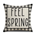Dettaglio della fodera per cuscino in lino con scritta Feel Spring e bordo a scacchi - Yme14-2 / Lenzuolo Di Lino 45*45 (imbottitura Del Cuscino Non Inclusa)