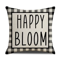 Dettaglio copricuscino in lino a quadretti bianchi e neri con scritta Happy Bloom - Stile Happy Bloom Plaid (YME14-3)