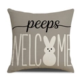 Macro detail of linen pillowcase fabric with Peeps rabbit silhouette and Welcome text - Rabbit Silhouette Welcome Style (YME7-2)