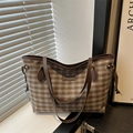 Retro checkered tote bag with woven fabric texture and brown faux leather straps - Small Green Grid
