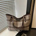 Grey-brown checkered tote bag with brown leather handles and gold rivet accents - Large Plaid Gray