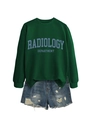 Detail of a dark green Radiology Department sweatshirt paired with denim shorts - S / Sweatshirt And Shorts / Dark Green