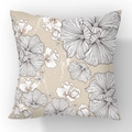Linen pillow cover featuring a black and white floral sketch pattern on beige fabric - Beige Large Flower (YM40-10)
