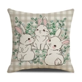 Oster-Kissenbezug mit drei Cartoon-Hasen auf beige kariertem Hintergrund für das Sofa - 45cmx45cm Leinen Ohne Kern / Hasen-Eukalyptus-Karo-Stil (YME10-4)