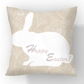 Easter decorative linen cushion cover featuring a white rabbit silhouette and Happy Easter print - Beige Bunny (YM40-12)