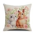 Quadratischer Kissenbezug aus Leinen mit Aquarell-Hasenmotiv auf weißem Hintergrund - Doppel Hase Blumen Illustration Stil (YME12-4)