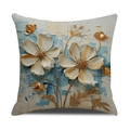 Detalle de funda de cojín cuadrada con patrones florales en relieve 3D y pintura al óleo azul - Blanco perla y oro mate sobre azul (YMC1-3) / 45*45cm (Solo funda de almohada)