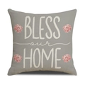 Detail van linnen kussensloop met roze bloemenprint en tekst BLESS our HOME - Grijze Basis Roze Bloem BLESS our HOME (YMS20-2)