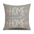Detail van linnen kussensloop met pioenroosprint en Home Sweet Home belettering - Grijze Basis Roze Bloem HOME sweet HOME (YMS20-3)