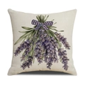 Detail of lavender floral print on beige linen pillowcase with purple ribbon accent - 45x45cm / Lavender Bouquet Style (YMS19-1)