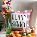 Decorative pink Easter rabbit pillow cover with Hunny Bunny print and polka dots - Pink Polka Dot Blue Bunny (YME4-1)