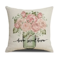 Groene bloemen kussensloop met aquarelrozen en Home Sweet Home tekst op linnen textuur - 45x45 cm / Bloem Potplant Stijl (YMS21-4)