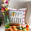 Linen Easter pillowcase with pink stripes and blue Hoppy Easter carrot graphic - Pink White Striped Carrot (YME4-4)