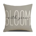 Nahaufnahme der BLOOM with grace Typografie auf taupefarbenem Leinen-Kissenbezug - 45x45cm / Künstlerische Buchstaben Stil (YMS22-2)