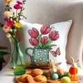 Funda de cojín de Pascua con tulipanes rosas y mariposa en un cojín decorativo - 45x45CM (Sin Relleno) / Estilo de Ilustración Tulipan Rosa (YME9-1)