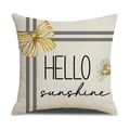 Dettaglio copricuscino beige con stampa di margherite e slogan HELLO sunshine - Stile Hello Sunshine (YMS23-4)
