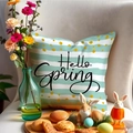 Funda de cojín Hello Spring con rayas verde menta, puntos dorados y texto festivo - 45x45CM (Sin Relleno) / Estilo Rayas Hello Spring (YME9-2)
