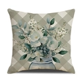 Detail of green gingham pillow with watercolor flowers in blue glass jar on linen texture - Blue Glass Jar Floral (YMS24-2)
