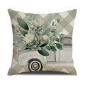 Close-up of vintage white pickup truck with magnolia flowers on a sage gingham pillow - Retro Truck with Flowers (YMS24-3)