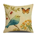 Gedetailleerd macro-overzicht van linnen kussensloop met vogel-, vlinder- en bloempatronen - 45x45cm / Jardinage Bloem Vogel Stijl (YMS41-1)