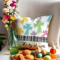 Easter pillow cover with colorful crosses and He Is Risen text on a cozy sofa - Yme8-4 / 45*45 Linen (pillow Insert Not Included)