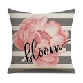 Close-up of linen cushion cover with sunflower pattern, stripes, and Bloom text - Pink Flower Bloom Letter Striped Background (YMS44-6)