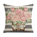 Detail of linen sunflower pillowcase featuring watercolor pink roses in a woven basket - Pink Rose Basket Striped Background (YMS44-7)