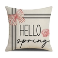 Detail of linen sunflower pillow cover with Hello Spring print and red ribbon bow - Pink Flower Bow Hello Spring (YMS44-8)
