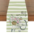 Detail eines Tischläufers aus Leinen mit floralem Vintage-Fahrrad und HELLO Spring Print - White Green Stripes Bicycle Rose (ZQ14-1)
