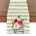 Detailansicht eines Leinentischläufers mit Aquarell-Blumenmuster und grünen Streifen - Grün Weiß Streifen Gefäß Rose (ZQ14-2)
